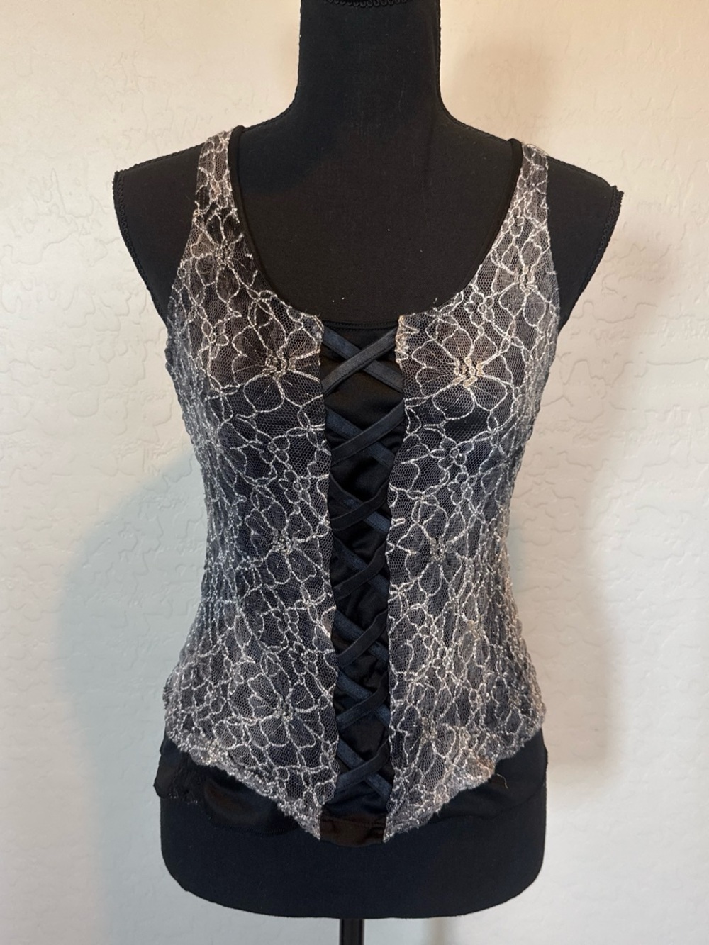 Vanity Lace Overlay Black Tank Top with small gold accents Front Ribbon Detail
